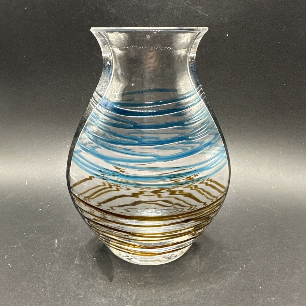 ART GLASS VASE Spiral Turquoise and Brown Threads Thick Polished Base 6”